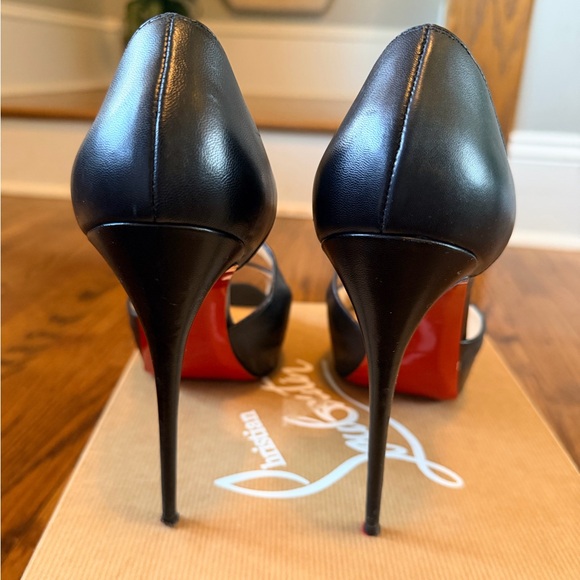 Christian Louboutin Black Leather Cross Prive Peep Toe Heels - Picture 3 of 5